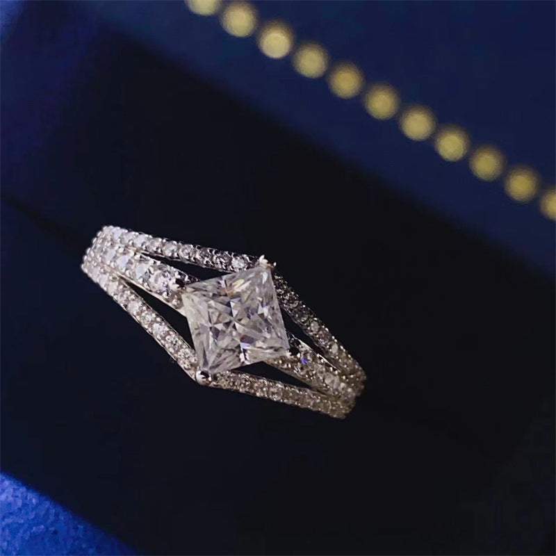 Princess Cut Moissanite Ring for Women, Split Shank Pavé Engagement Ring, U Shape Promise Ring product image