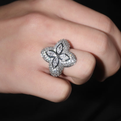 Silver-Tone Clover Flower Ring with Green Crystal Accents and Paved Cubic Zirconia