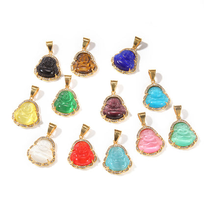 Luxury Gold Plated Stainless Steel Buddha Pendant Necklace with Crystal Accent Chain for Women