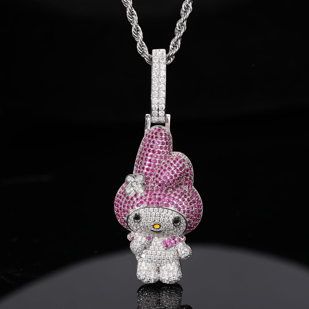 Iced Out Cartoon Character Pendant Necklace in White Tone with Pink Cubic Zirconia product image