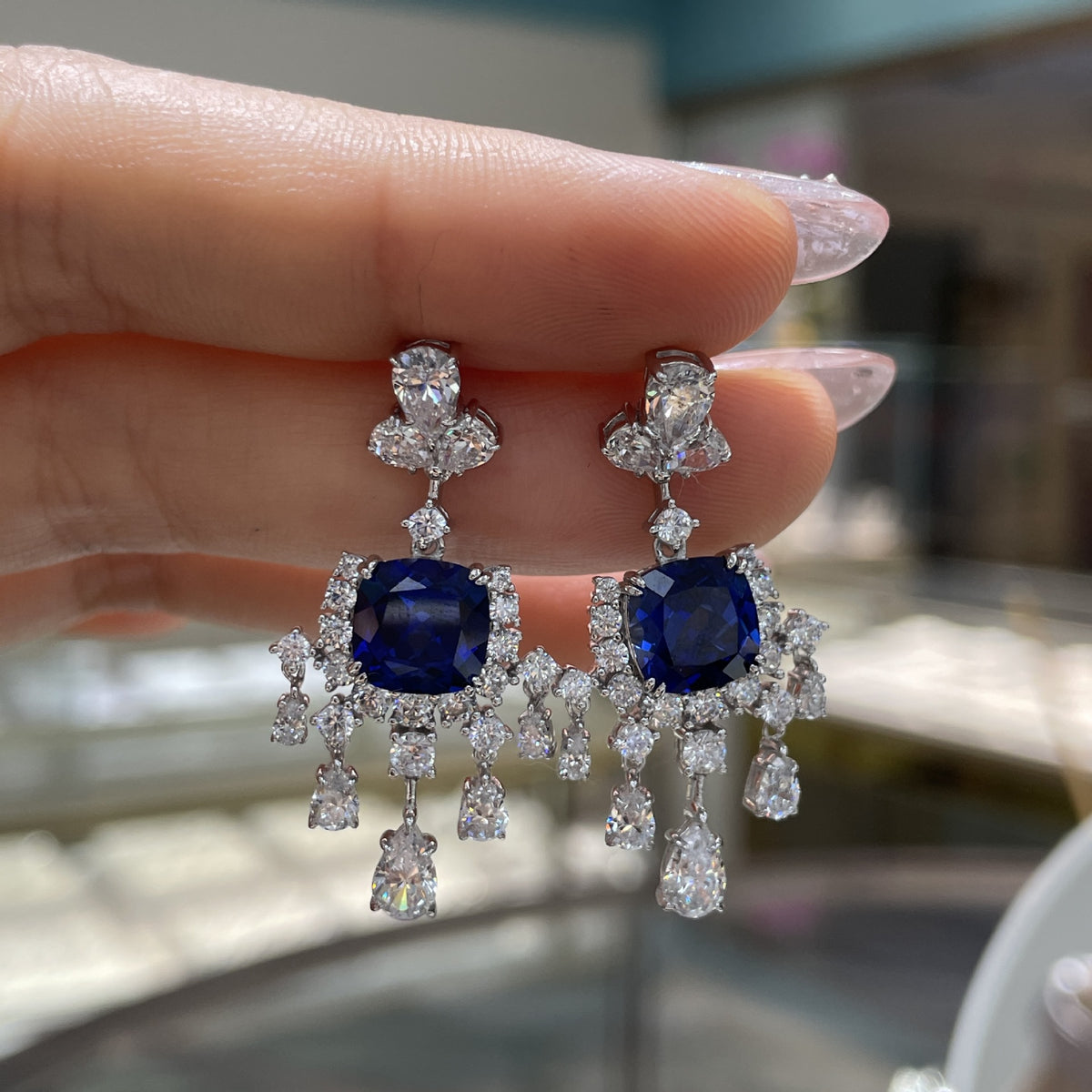 Red Crystal Drop Earrings, Cushion-Cut Dangle Earrings with Clear Sparkle Accents product image