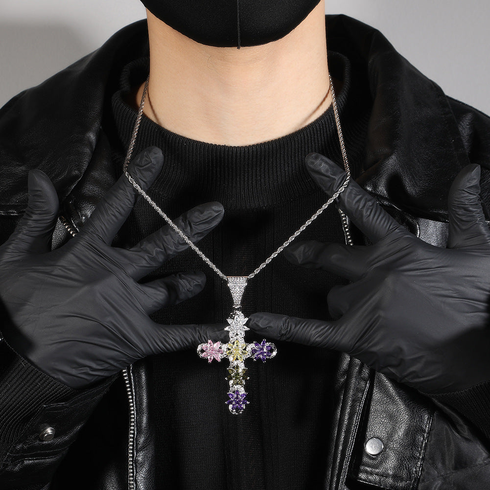 Silver Plated Cross Necklace with Multicolor Cubic Zirconia Pendant - Hip Hop Statement Chain for Women product image