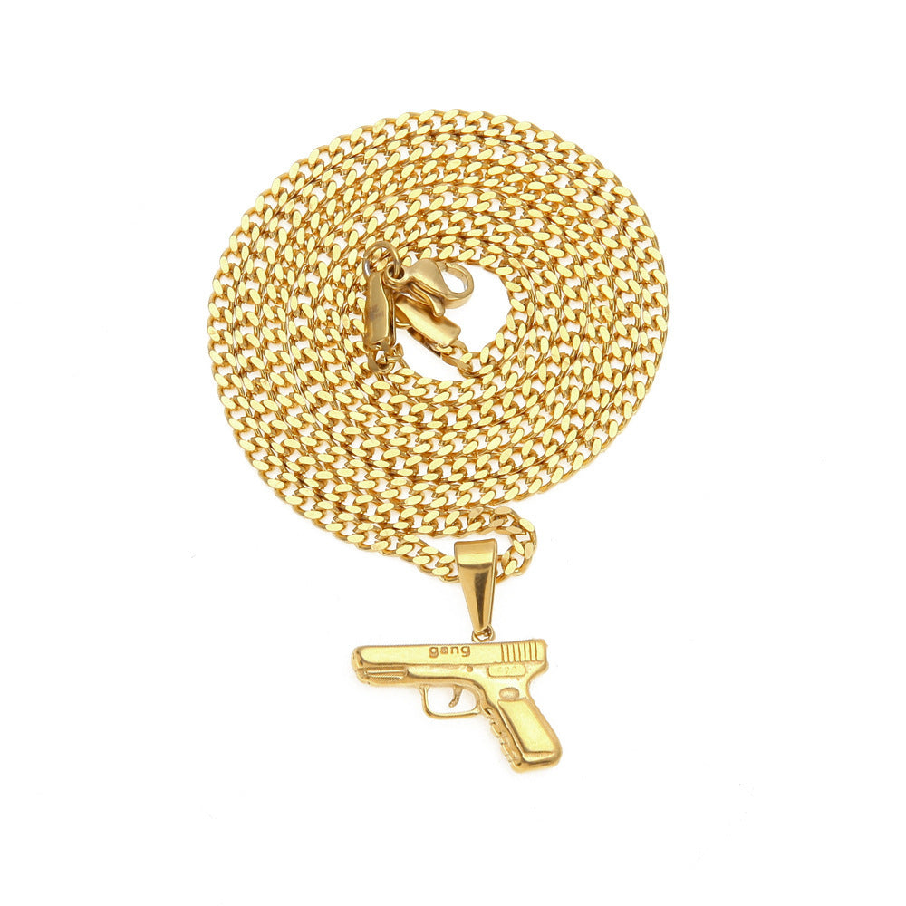 Gold Plated Stainless Steel Statement Pendant Necklace with 3mm Cuban Chain