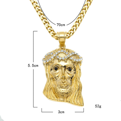 Gold Plated Stainless Steel Jesus Head Pendant Necklace with Cuban Chain for Men & Women