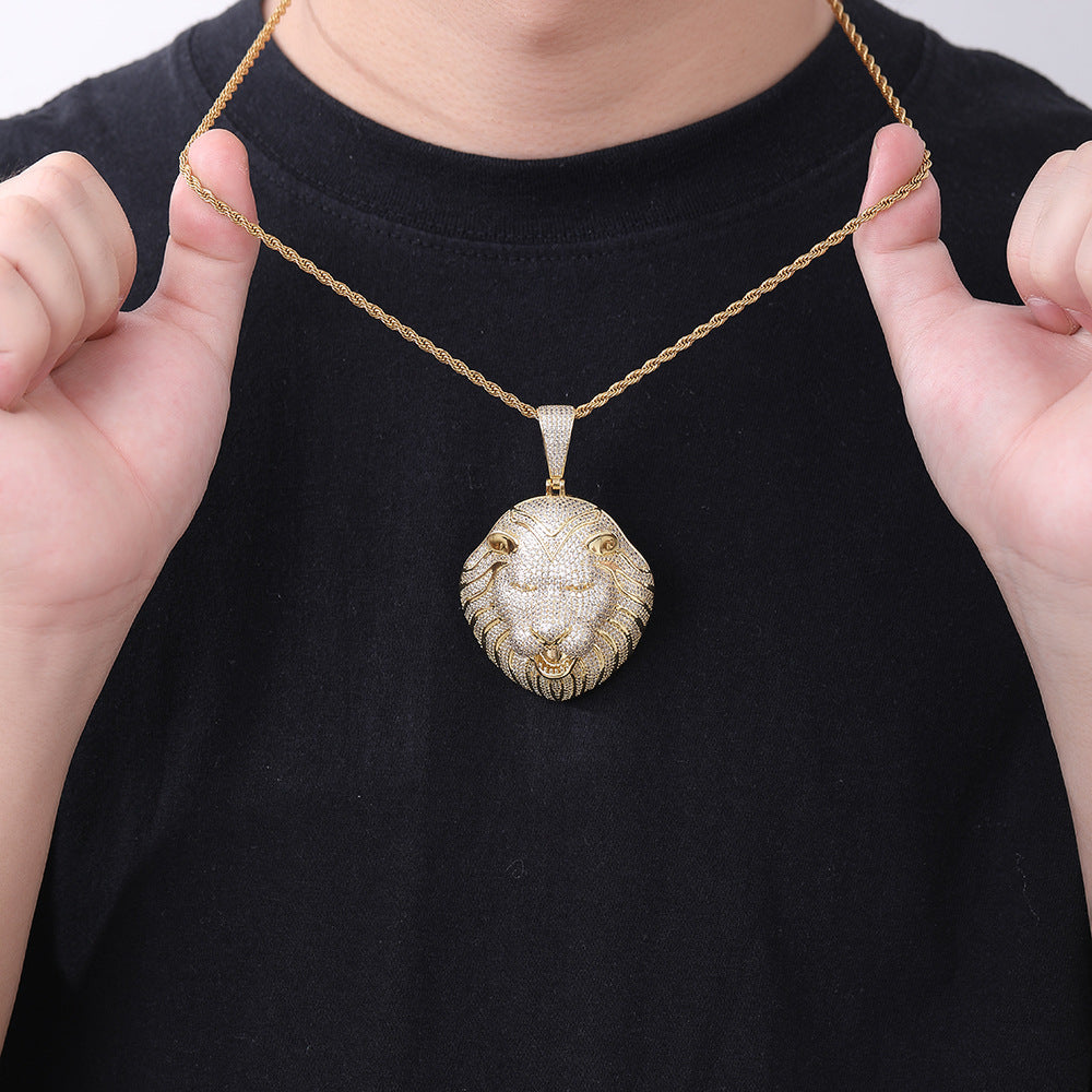 Lion Head Pendant Necklace, Micro-Set Zircon Rope Chain Hip Hop Jewelry