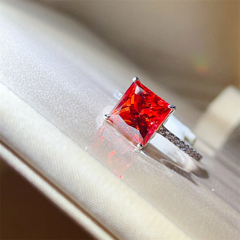 Red Princess Cut Moissanite Ring for Women, Pave Band Engagement Ring, 1 Carat 2 Carat 3 Carat 5 Carat product image