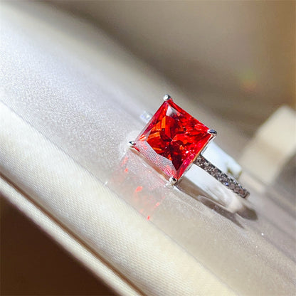 Red Princess Cut Moissanite Ring for Women, Pave Band Engagement Ring, 1 Carat 2 Carat 3 Carat 5 Carat