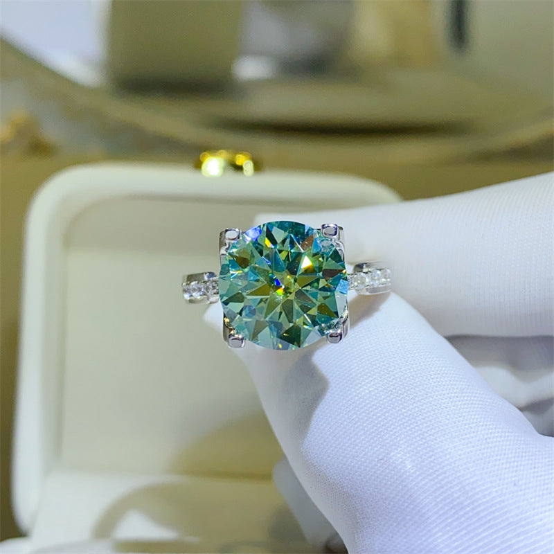 Green Moissanite Solitaire Ring with Side Accents for Women, Round Cut Geometric Statement Ring product image