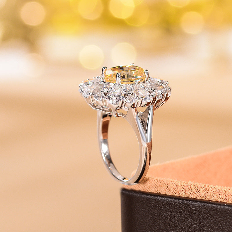 Oval Yellow Center Stone Halo Ring, S925 Silver 18K Gold Plated Ring for Women product image