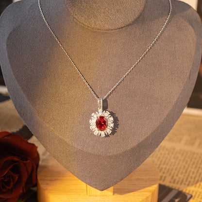Ruby Red Oval Halo Matching Jewelry Set, Ring, Earrings & Pendant
