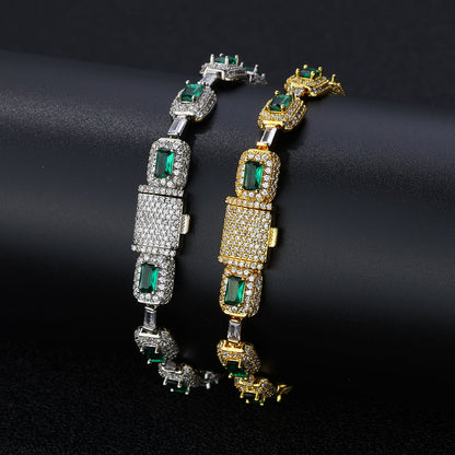 Green Rectangular Halo CZ Link Hip Hop Bracelet with Copper Base - CHA310