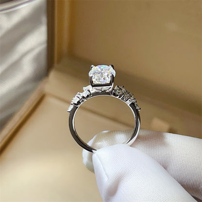 Oval Moissanite Ring for Women with Three-Stone Side Design, Four-Prong Engagement Ring, Sizes 9-20