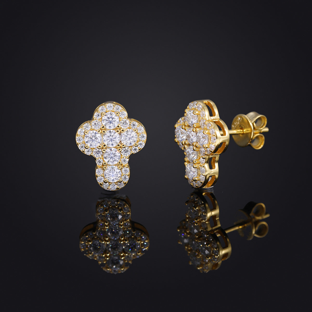 White-Tone Moissanite Clover Stud Earrings, Geometric Unisex Ear Studs product image