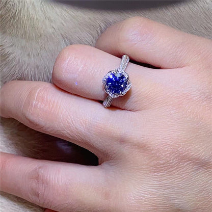 Blue Moissanite Halo Ring for Women, 1 Carat U-Shape Engagement Ring Style