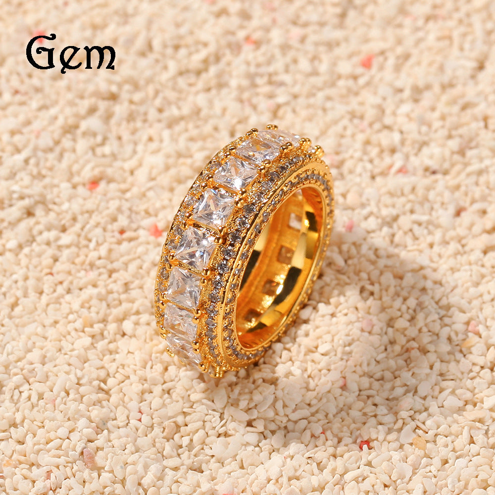 Unisex Hip Hop Cubic Zirconia Statement Ring - Gold or Silver Tone Round & Square Stone Band