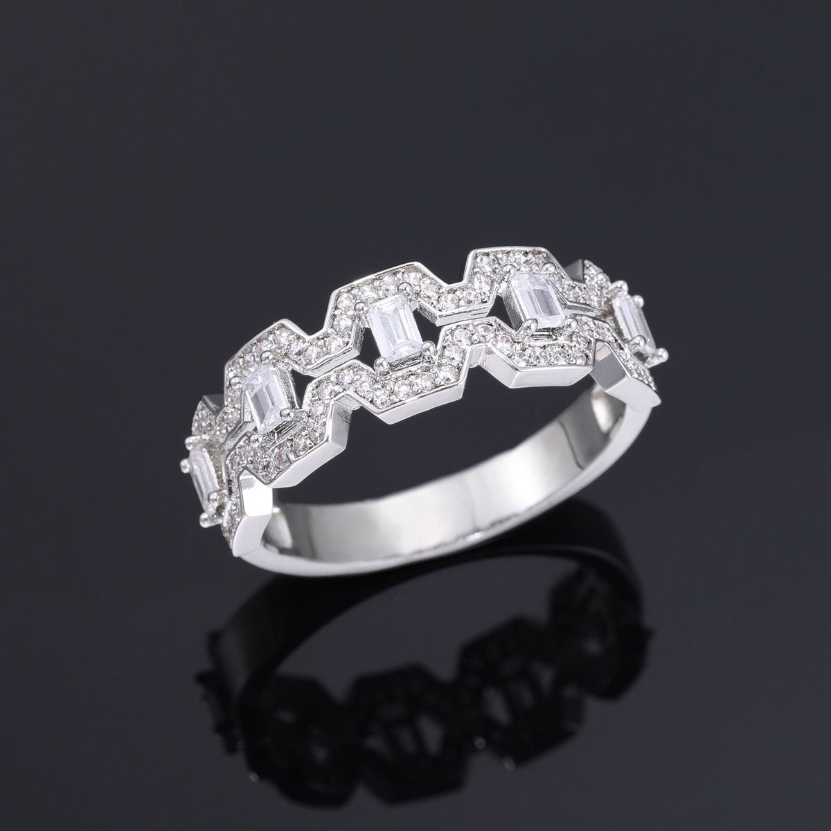 Geometric Zircon Statement Ring, Unisex Zigzag Band, Size 7-10 product image