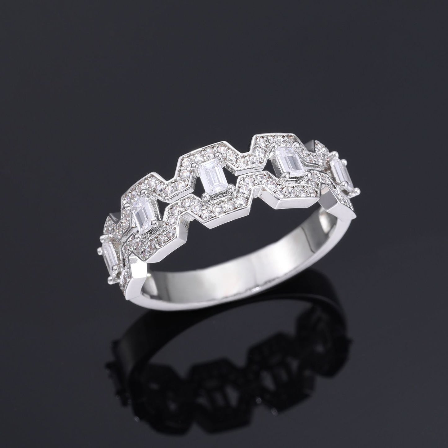 Geometric Zircon Statement Ring, Unisex Zigzag Band, Size 7-10 product image