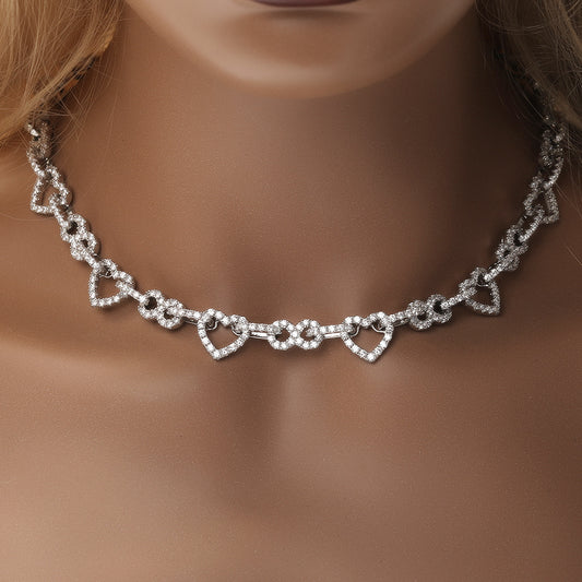 Heart Link Cubic Zirconia Chain Necklace Bracelet for Women & Men, Gold or Silver Color Statement Jewelry