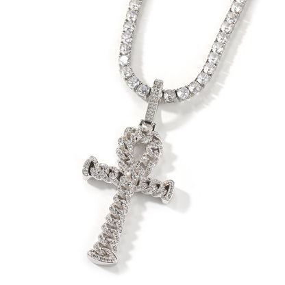 Iced Cross Pendant Necklace with Cubic Zirconia Twisted Chain, Gold Tone Statement Hip Hop Necklace