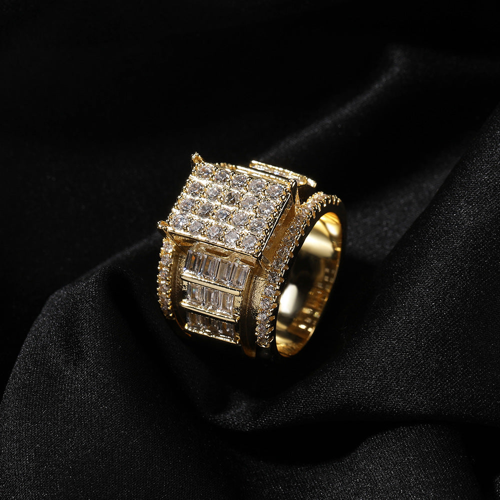 Men’s Gold Plated Square Cubic Zirconia Adjustable Statement Ring