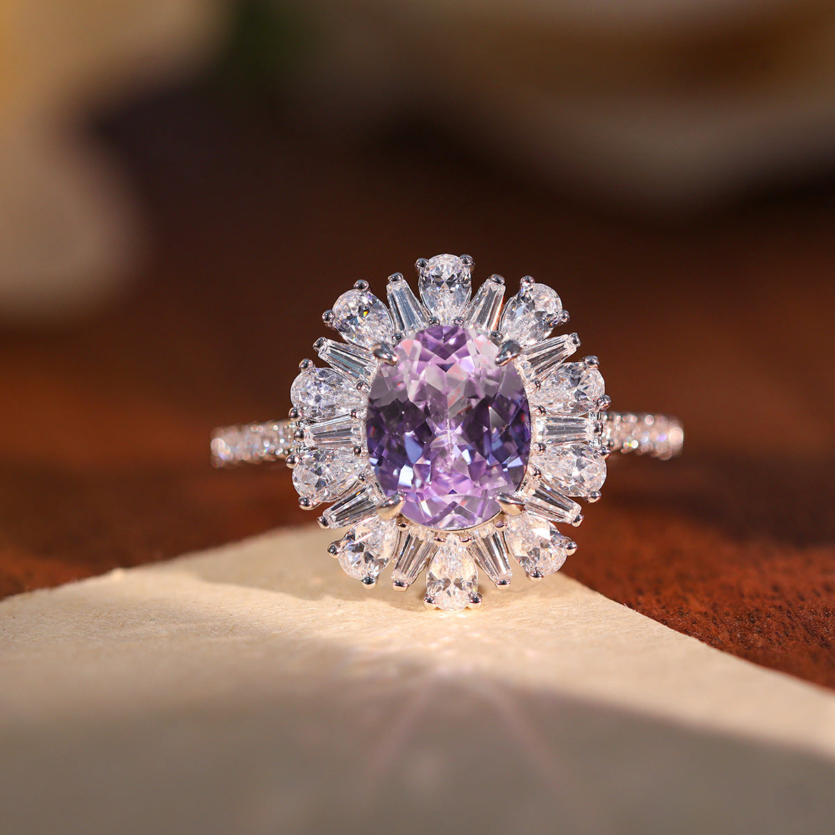 925 Silver Lab-Grown Purple Oval Halo Jewelry Set, Necklace Ring Stud Earrings product image