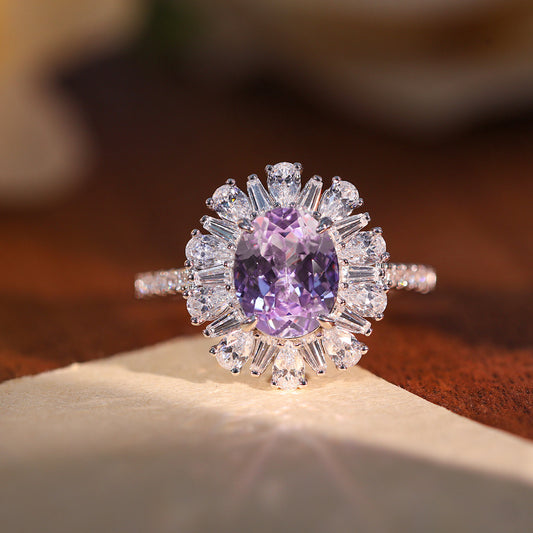 925 Silver Lab-Grown Purple Oval Halo Jewelry Set, Necklace Ring Stud Earrings alternate product image