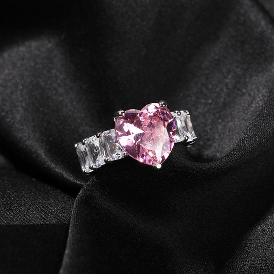 Heart Cut Pink Cubic Zirconia Ring for Women & Men - Elegant Silver Tone Stackable Statement Ring