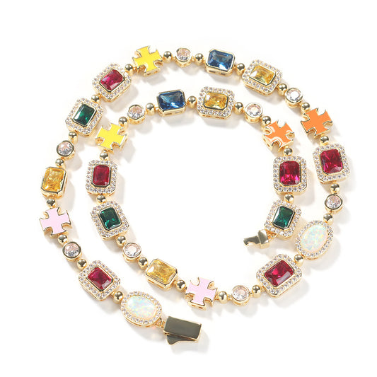 Unisex Iced Cross Chain Necklace Bracelet Set in Gold or Silver Tone with Colorful Crystal Pendant Links