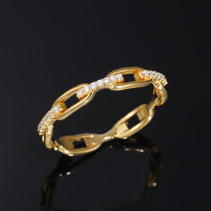 925 Silver Moissanite Chain Link Ring – Geometric Pavé Band for Women and Men