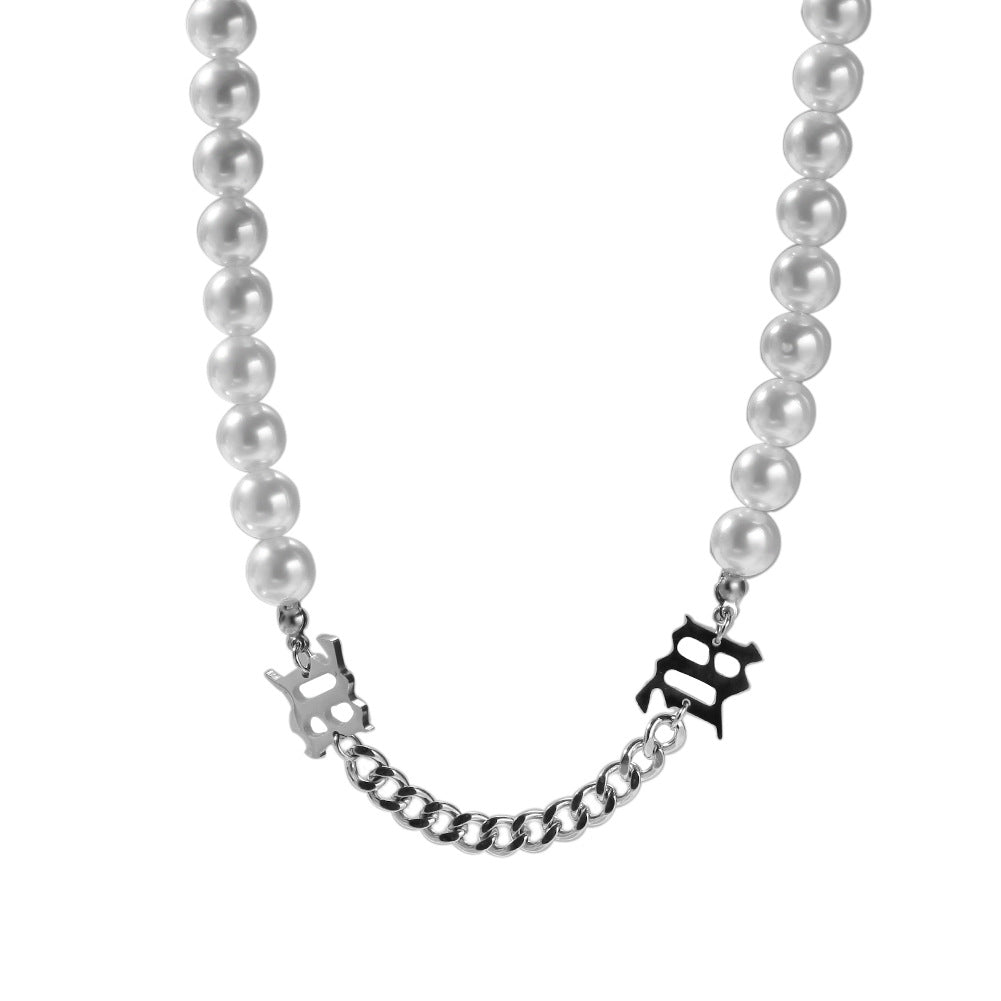 Unisex Pearl Chain Necklace with Circular Link Detail - Trendy Statement Pendant Necklace