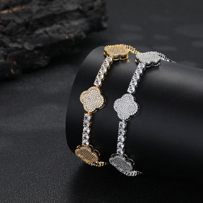 Clover Cubic Zirconia Tennis Chain Bracelet & Necklace Set, Hip Hop Pendant Jewelry