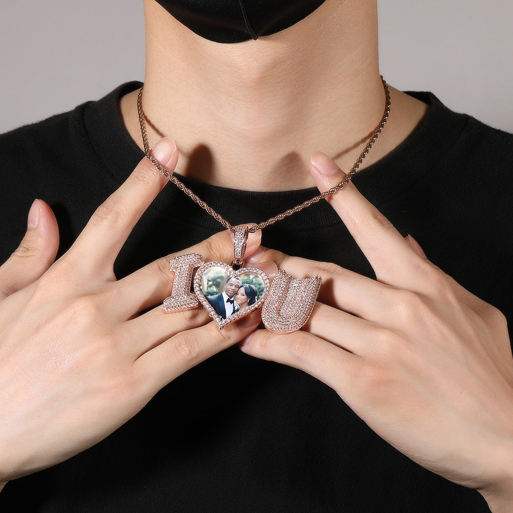 Iced Custom Letter Photo Pendant Necklace for Men with Cubic Zirconia Rope Chain