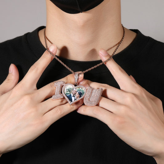 Iced Custom Letter Photo Pendant Necklace for Men with Cubic Zirconia Rope Chain