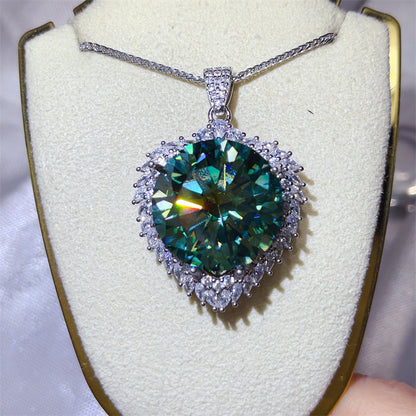 20 Carat Round Moissanite Halo Pendant Necklace, Large Color Stone Statement Necklace