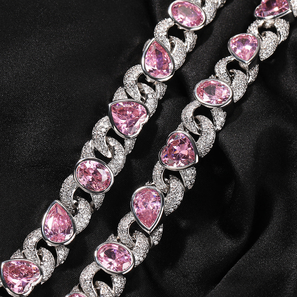 Silver Plated Pink Cubic Zirconia Heart Chain Necklace Bracelet for Women