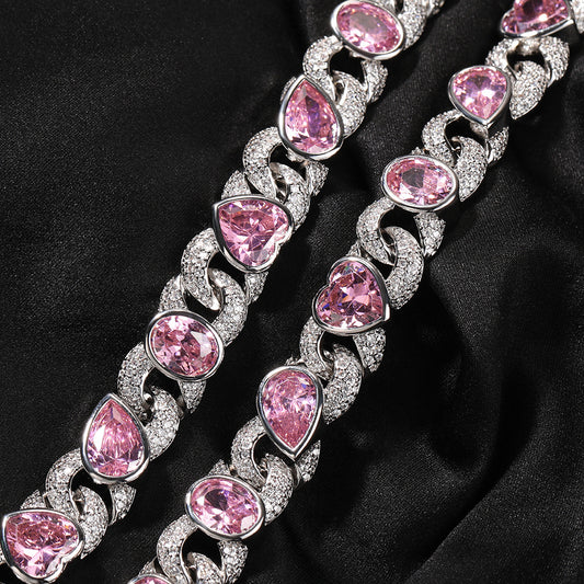 Silver Plated Pink Cubic Zirconia Heart Chain Necklace Bracelet for Women