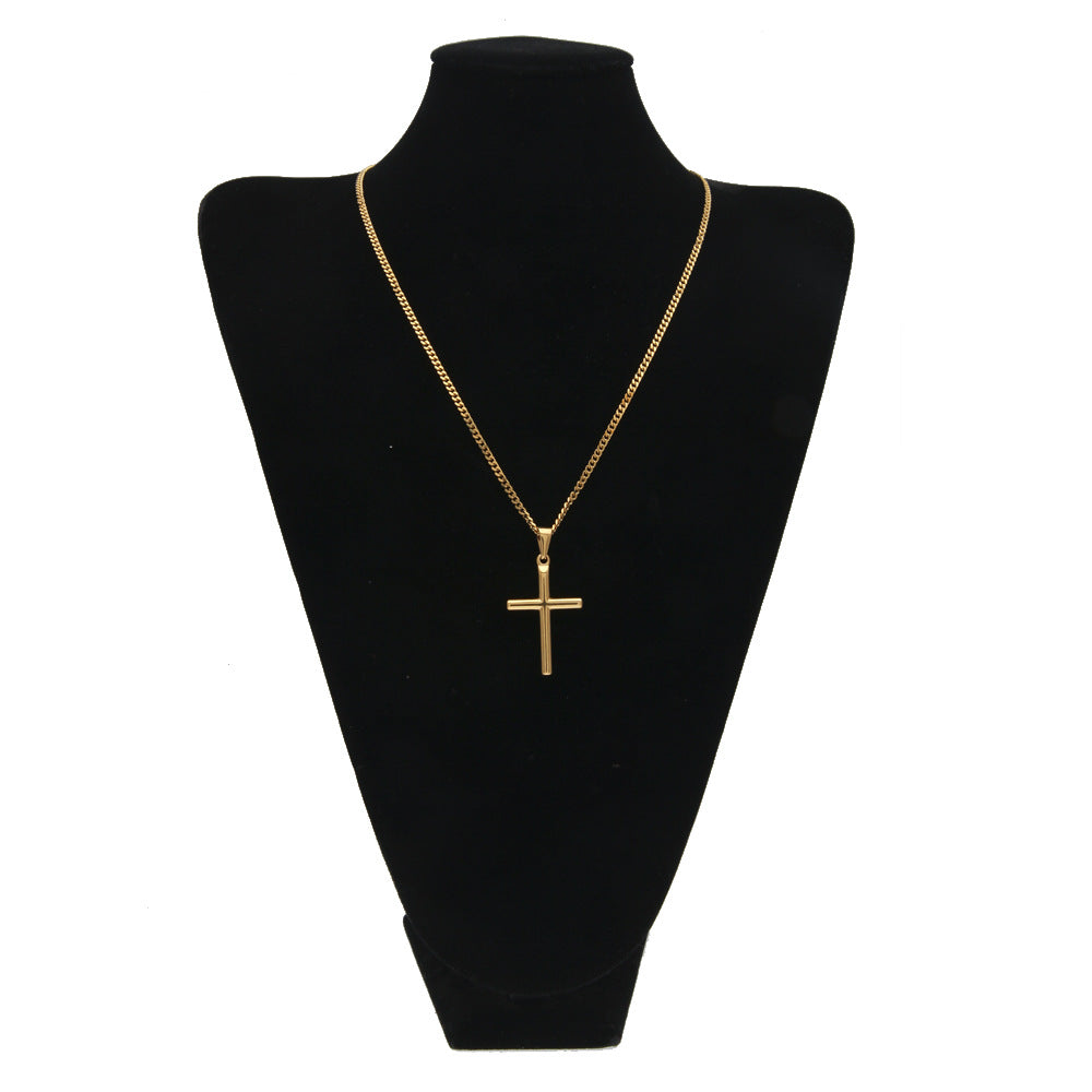 Gold Plated Stainless Steel Cross Pendant Necklace with 24 Inch Cuban Chain