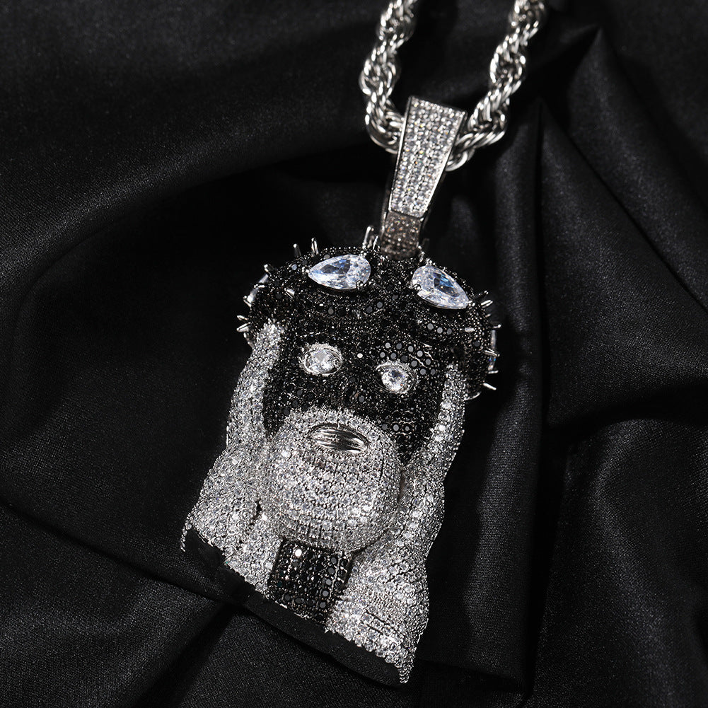 Iced Black & White Dog Head Pendant Necklace with 3mm 24-Inch Twist Chain – Hip Hop Copper Statement Jewelry product image