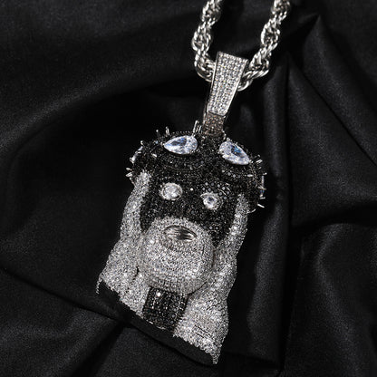 Iced Black & White Dog Head Pendant Necklace with 3mm 24-Inch Twist Chain – Hip Hop Copper Statement Jewelry