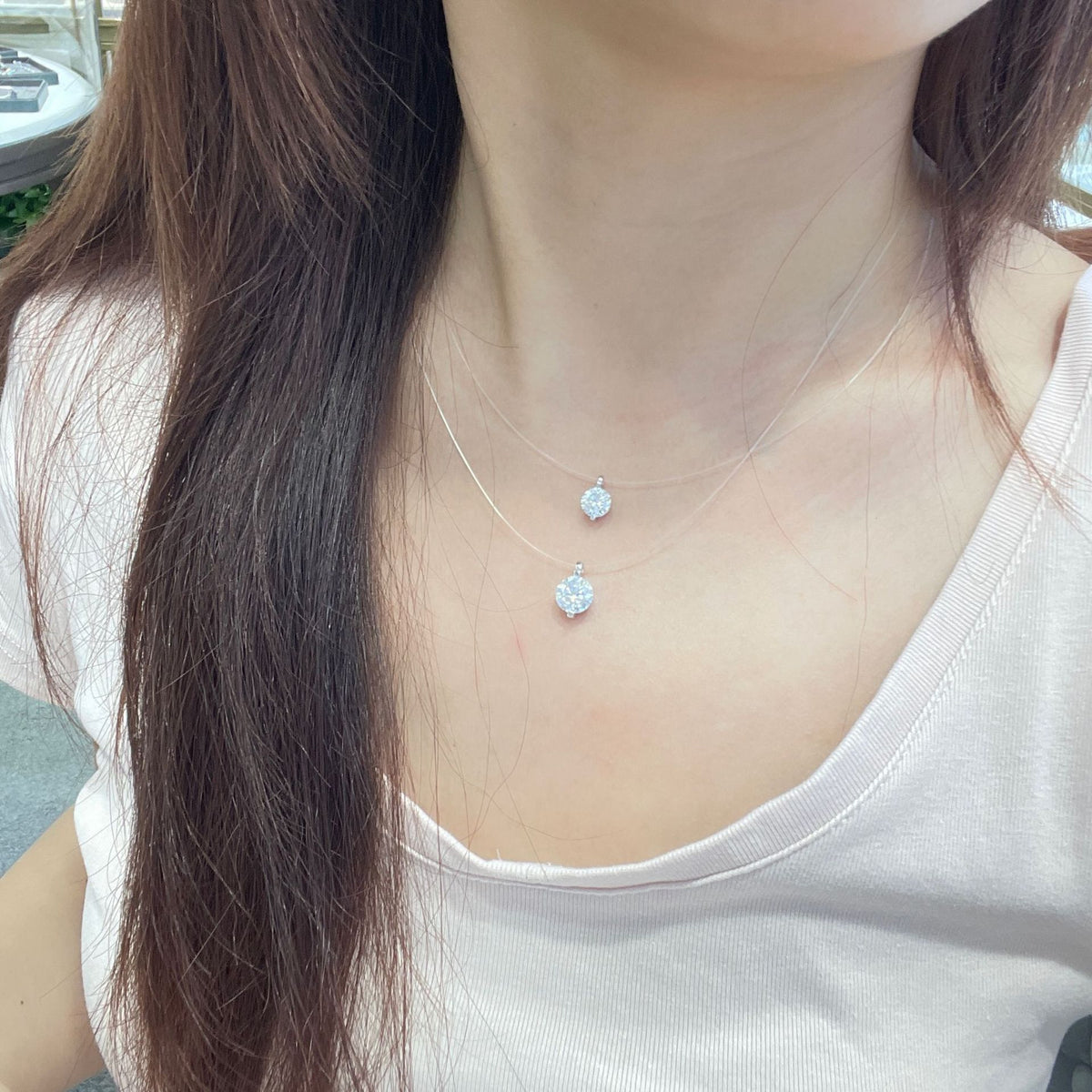 Invisible Line Double Round Pendant Necklace, Clear Sparkle, S925 Silver product image
