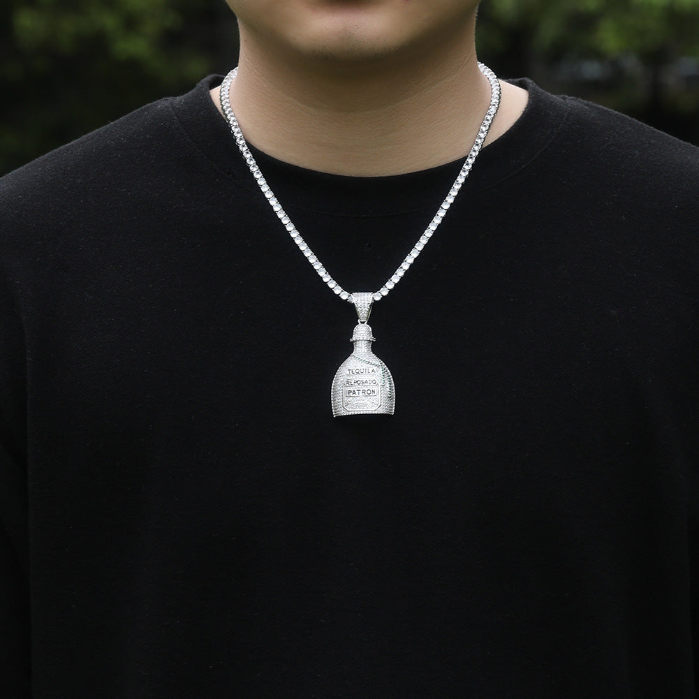 Unisex Iced Bottle Pendant Necklace with Cubic Zirconia Twisted Chain, Gold Plated or Silver Plated Statement Jewelry