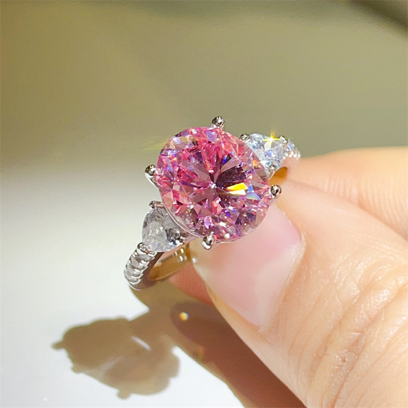 Pink Oval Moissanite Ring for Women, 5 Carat Three-Stone Engagement Ring with Side Accents product image