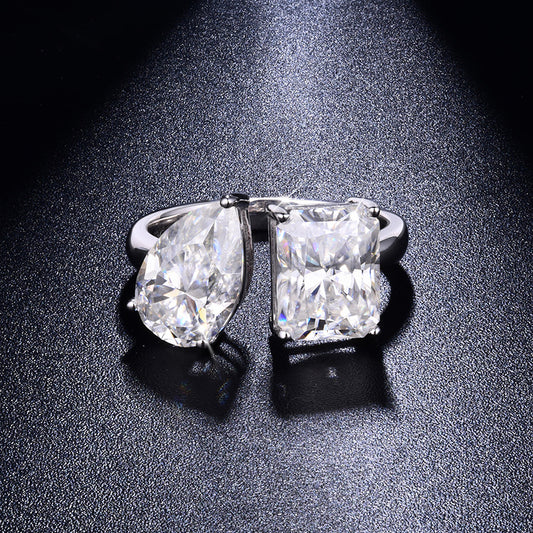 925 Silver Moissanite Open Ring for Women, Double Stone Pear and Emerald Cut, 3+3 Carat Style alternate product image