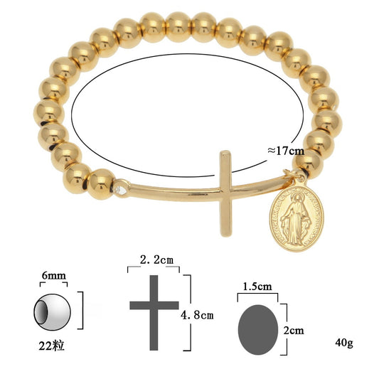 Gold Plated Stainless Steel Cross Beaded Bracelet with Round Charm for Women & Men