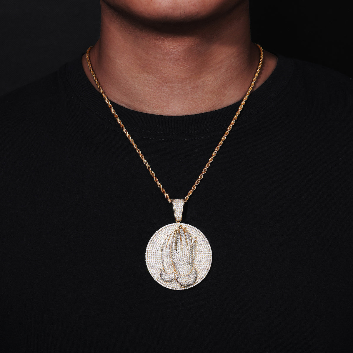 Men's Praying Hands Pendant Necklace, Iced Out CZ Round Medallion Chain product image