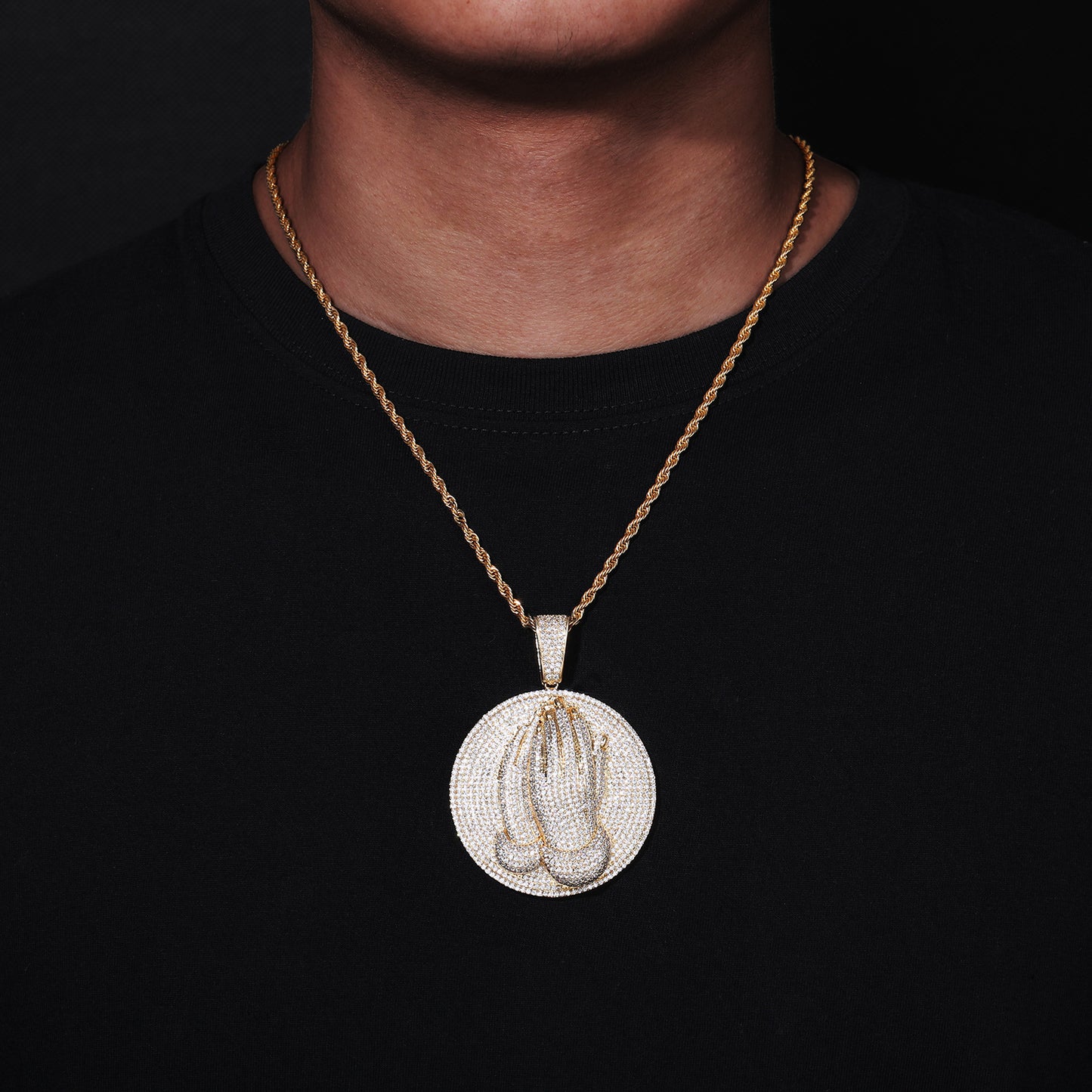 Men's Praying Hands Pendant Necklace, Iced Out CZ Round Medallion Chain product image
