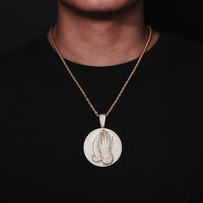 Men's Praying Hands Pendant Necklace, Iced Out CZ Round Medallion Chain