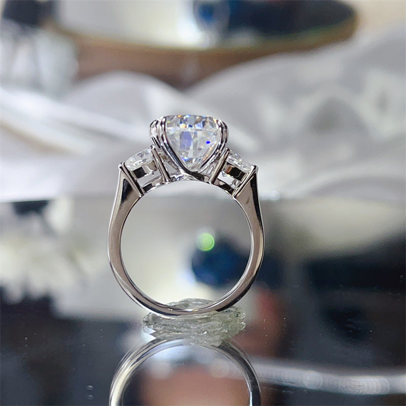 Oval Moissanite Ring for Women, 3-Stone Halo Style Engagement Ring, Geometric Statement Ring product image