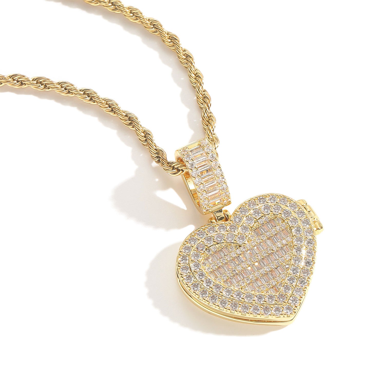 Square Round Photo Frame Cubic Zirconia Pendant Necklace for Men and Women