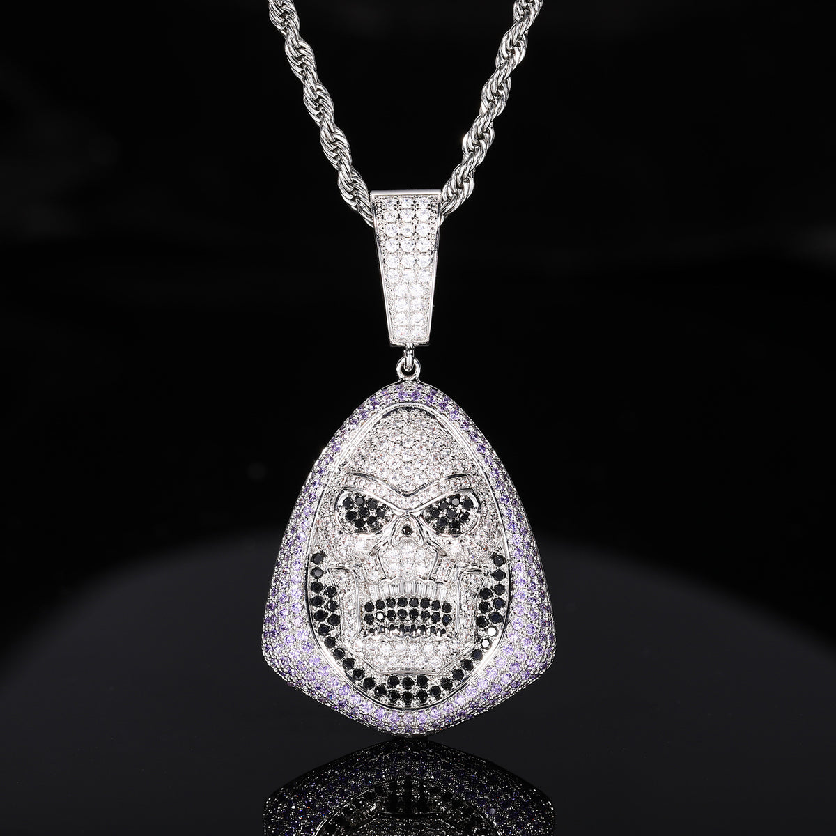Iced Out Skull Pendant Necklace for Men - Hip Hop Copper Jewelry with Cubic Zirconia Rope Chain product image